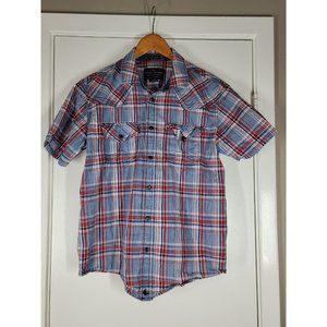 Cody James Western‎ Pearl Snap Shirt Mens Size S red Blue Plaid Short Sleeve